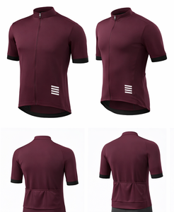 Maillot de cyclisme pour homme, manches courtes, couleur bordeaux, respirant, fermeture éclair sur le devant, design sportif, vêtement d'été, couleur unie, poches arrière - Product Image 1