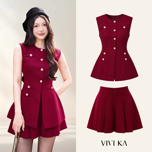 Women's Two Piece Set <b>Red</b> Tweed Sleeveless Blazer <b>Top</b> Pleated Skirt O Neck Button Front Preppy Style Autumn Outfit SAHRA - Product Image 1