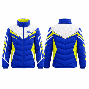 Blue Yellow <b>White</b> Geometric Print Eco-Friendly Fleece Varsity <b>Jacket</b> <b>Men</b> Windproof Zipper Hooded Sporty Winter Regular Fit - Product Image 1