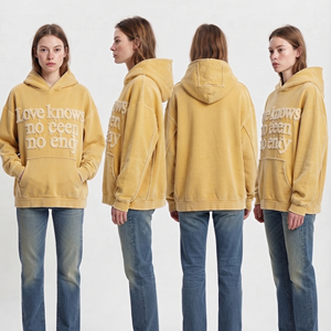 Sudadera con capucha oversize para mujer, amarilla, con estampado de letras desgastadas, jersey de punto, ropa de invierno, sudaderas con capucha bordadas con efecto desgastado para mujer - Product Image 1