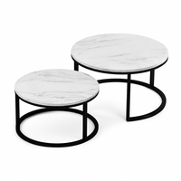 Ensemble de 2 tables basses rondes modernes, plateau aspect marbre blanc, structure en métal noir, pour salon, hôtel, meubles en gros