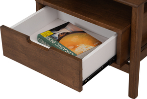 Elegante mesita de noche estilo Japandi en nogal con cajón flotante en madera de caucho, ideal para dormitorios y proyectos hoteleros. - Product Image 4