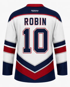 Camiseta de hockey sobre hielo para hombre, sublimada, personalizada, en blanco, azul marino y rojo, con cuello con cordones y nombre y número personalizados. - Product Image 3