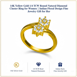 Anillo de Oro Amarillo de 14K con 1/4 TCW de Diamantes Naturales Redondos Reales para Mujer |   Joyería Fina con Diseño Floral Estilo Indio, Regalo para Ella - Product Image 5