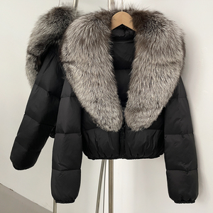 OFTBUY Manteau d'hiver pour femme en duvet de canard blanc, avec fourrure de renard, court, épais, style parka, ample et respirant, tissé - Product Image 2