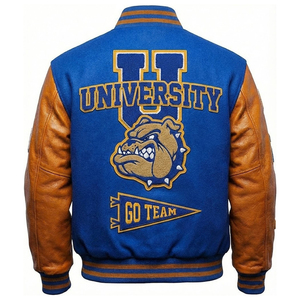 SHY SPORTS Blouson universitaire personnalisé OEM bleu roi avec manches en cuir doré, écusson tigre et multiples patchs, style Letterman, veste bomber - Product Image 2