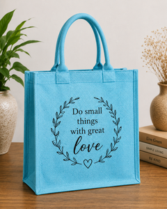 Blue Laminated Jute Shopping <b>Bag</b> With Love Print Open Top Handle <b>Medium</b> <b>Size</b> - Product Image 1