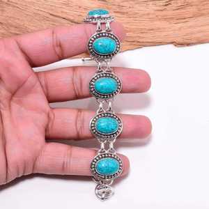 Turquoise Oval <b>Stone</b> Bracelet Boho Silver Statement Bracelet Vintage Style Handmade Jewelry Gift For Her - Product Image 1