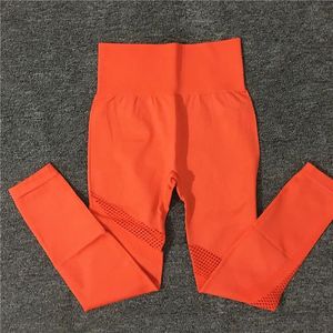 Leggings de yoga orange à taille élastique, longueur cheville, avec empiècements en mesh, respirants, sans coutures, en Spandex et Nylon, ceinture 190GSM - Product Image 1