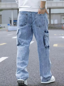 YIMAI – Nouveau Jean Cargo Décontracté Bleu Délavé à la Vapeur Coupe Droite avec Poches à Rabat Latérales pour Homme - Product Image 3