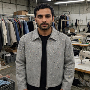Manufacturer Custom <b>Men's</b> Streetwear Windproof Casual All Print Rhinestone Diamonds Zip-Up Cotton Twill Canvas Front Safari - Product Image 2