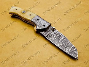 Couteau de poche pliant en acier Damas fait main, lame tranchante comme un rasoir, pour le camping, la chasse, la survie tactique, EDC - Product Image 5