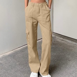 Men's Khaki Cargo Pants Wide Leg <b>Elastic</b> Waist Multiple Pockets Canvas Workwear Style High Waist Autumn Wear - Product Image 1