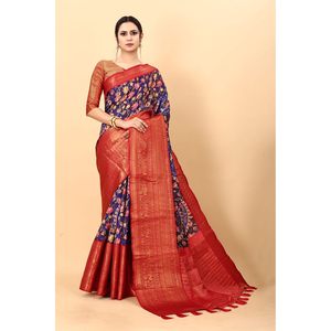 ผ้าแพรงานพิมพ์ดิจิตอล kanjivaram แบบดั้งเดิมที่มีเสื้อ unstitched สีม่วง - Product Image 1