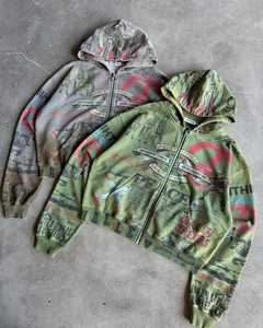 Sweat à capuche zippé vintage délavé à l'acide, motif floral, en molleton épais 100 % coton, style streetwear pour hommes et femmes - Product Image 3