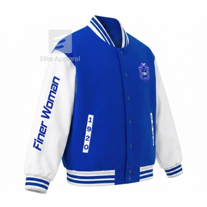 Chaqueta de carreras personalizada de la hermandad Zeta Phi Beta con logo bordado, estilo letterman azul y blanco para mujer con forro de poliéster. - Product Image 2
