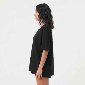 Women's Black V-Neck Short Sleeve T-Shirt Loose Fit 100% Cotton Casual Jersey Print Logo <b>Top</b> - Product Image 4