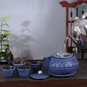 Blue Floral Cast Iron <b>Teapot</b> <b>Set</b> Japanese Style 28 oz Tea Kettle with 4 Stainless Steel Cups & Infuser Stove Top Brewing - Product Image 2