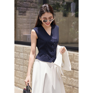 <b>Women's</b> Morden <b>Navy</b> Striped Tailored V Neck Peplum Back Design Vest Office Casual <b>Waistcoat</b> Polyester Spandex Custom Design HIRA - Product Image 3