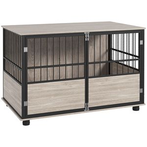 Tavolino per Cani in Legno di Noce Rettangolare da 100 cm con 3 Porte, Stile Villa, per Cani di Piccola e Grande Taglia - Product Image 1