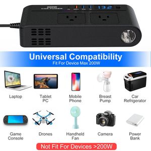 Inverter per Auto 200W 12V, Convertitore di Potenza DC12V AC110V, 2 Prese AC110V, 1 Porta Type-C, 3 Porte USB con Ricarica Rapida e Protezione dal Surriscaldamento - Product Image 3