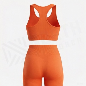 Conjunto de yoga sin costuras para mujer, top deportivo acanalado naranja con espalda cruzada y pantalones cortos de cintura alta, ropa deportiva de 2 piezas - Product Image 2