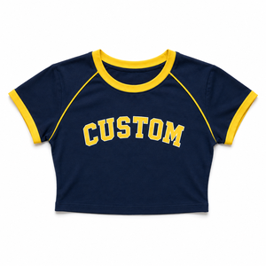 T-shirt court à col contrastant bleu et jaune de qualité supérieure, imprimé personnalisé, coupe raglan à manches courtes, motif graphique, pour femme, été - Product Image 3