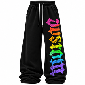 Pantalon de survêtement unisexe noir style Hip Hop, imprimé lettres craquelées gothiques, taille élastique à cordon, jambe large, écologique - Product Image 4