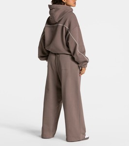 Custom <b>Embroidery</b> Logo Women's Oversized Mocha Hoodie & Piping Two Piece Tracksuit Breathable Gym Training Women's Sweatsuit <b>Set</b> - Product Image 2