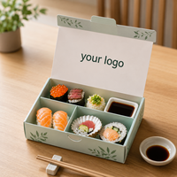Boîte à bento pour sushis avec compartiments pour sushis, wasabi, sauce soja, gingembre et edamame, dans un emballage en carton réutilisable