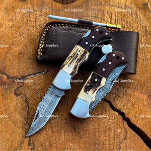 UA Supplies Industrial Grade Damascus Steel Folding Hunting Knife Clip Point Straight Blade Stag Horn Handle Wholesale Prices - Product Image 5