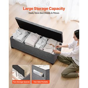Panca contenitore moderna con bottoni trapuntati, struttura in metallo, rivestimento in lino, con vano contenitore a ribalta per la camera da letto e l'arredamento domestico - Product Image 2