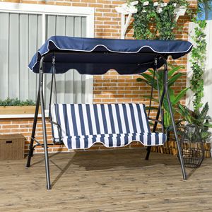 Dondolo da Esterno a 3 Posti con Tettuccio Inclinabile Regolabile, Cuscino Blu Scuro e Struttura in Acciaio per Portico e Giardino - Product Image 2