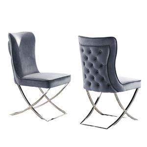 Set di 2 Sedie da Pranzo Glamour in Velluto Grigio con Bottoni Trapuntati e Struttura Cromata - Product Image 2