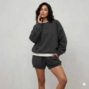 Conjunto de Dos Piezas para Mujer, Invierno, Color Sólido, Top con Cuello Alto y Pantalones Cortos por Encima de la Rodilla, Tela de Felpa, Corte Holgado, Fácil de Usar, Ropa Casual Diaria - Product Image 1