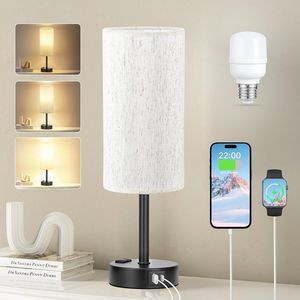 Lampada da Comodino Beige Chiaro Dimmerabile a 3 Livelli con Porte di Ricarica USB-C e Presa AC per Comodino o Camera da Letto - Product Image 1