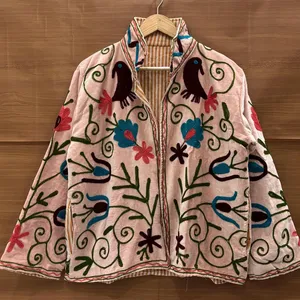Women Pink Velvet Embroidered Suzani Jacket with Floral Pattern Full Sleeve <b>Stand</b> Collar Handmade Bohemian Autumn <b>Coat</b> - Product Image 5