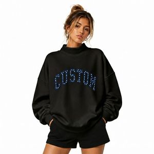 Sweat-shirt oversize à col roulé pour femme, noir, à épaules tombantes, imprimé lettres à sequins, en coton tricoté, style automne, col montant - Product Image 1