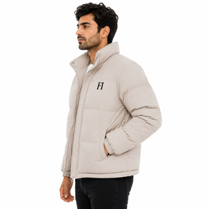 Beige Puffer Men's <b>Jackets</b> Wholesale OEM Custom Winter Lightweight Warm Polyester <b>Jacket</b> Stand Collar Zipper Casual Outerwear - Product Image 2