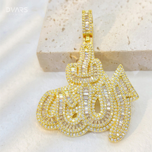 Pendentif religieux Bling en argent 925 avec moissanite VVS, serti de pierres, bicolore, symbole islamique du nom d'Allah en arabe pour musulmans - Product Image 1