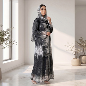 Ensemble Abaya ouverte en tissu jacquard Premium Chicago Butti, couleur unie, grande taille, en polyester, avec hijab assorti, style islamique modeste - Product Image 1