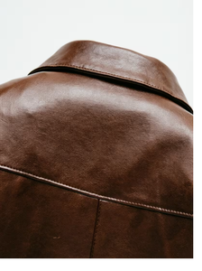 TRIBON SPORTS Men's Brown Cowhide <b>Leather</b> Bomber <b>Jacket</b> Stand Collar Zipper Closure Regular Fit Breathable Casual <b>Winter</b> Premium - Product Image 6