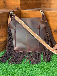 New Western Stylish Hand <b>Tooled</b> Cowhide Fur Leather Fringe Bag Fashionable High Quality Women Unique Stone Concealed Carry Purse - Product Image 5