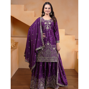Gorgeous Chinon Silk Pearl Embedded <b>Sequin</b> Top Wide <b>Flared</b> Palazzo Set Stitched Dupatta Girls Three Piece Ethnic Suit - Product Image 1