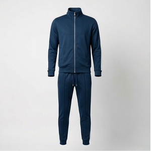 Survêtement bleu marine pour homme, fermeture éclair intégrale, col montant, vêtements de sport décontractés, couleur unie, mélange polyester-coton, coupe classique, vêtements d'automne - Product Image 1