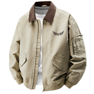 Blouson bomber kaki pour homme, col rabattu, fermeture éclair, logo brodé, style décontracté automne, manches classiques - Product Image 1