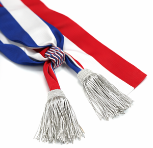 Tricolor Red <b>White</b> Blue Sash Scarf with Silver Tassels Custom Ceremonial Event Mayor Deputy Style - Product Image 2