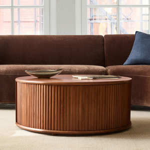 Mesa de Centro Redonda de Madera de Teca Sólida de Estilo Japonés de Lujo con Puerta Corredera Tambour y Almacenamiento Oculto para Muebles de Sala de Estar - Product Image 6