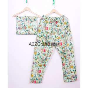 ชุดนอนผ้าฝ้ายแท้ 100% สำหรับผู้หญิง ลายดอกไม้พิมพ์มือ ชุดเจ้าสาว ชุดเพื่อนเจ้าสาว ชุดนอนระบายอากาศดี ชุดนอนฤดูใบไม้ผลิและฤดูร้อน - Product Image 4