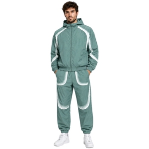 Men's Hooded Tracksuit Set Green <b>White</b> Color Blocking Full <b>Sleeve</b> Zipper Front Sporty Jogger Suit Spring Breathable Polyester - Product Image 4